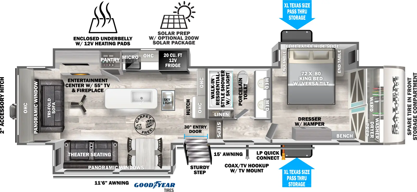 The 34RL has 3 slide outs with 2 on the off-door side and 1 on the door side with 1 entry door. Exterior features include a rear 2 in. receiver hitch, 11 ft. 6 in. and 15 ft. awning, 30 in. entry door with Sturdy Step with strut assist, coax/TV hookup with TV mount, LP quick connect and XL Texas size Pass-Through Storage. Interior layout from front to back includes: front bedroom with 72 x 80 King bed and end tables in an off-door side slide out, front closet with wardrobe and washer/dryer prep, dresser with hamper and a bench; off-door side bathroom with walk-in shower with skylight, porcelain toilet, double sink vanity, 2 medicine cabinets and linen storage; 2 steps down into kitchen/living area; rear facing hutch with overhead cabinet; kitchen island with sink and ceiling fan; off-door side slide out holding an entertainment center with 55 in. TV & fireplace, pantry, overhead microwave, stovetop, overhead cabinet and 20 cu ft refrigerator; door side slide out holding theater seating and a free standing dinette; rear wall tri-fold sofa with overhead cabinet.